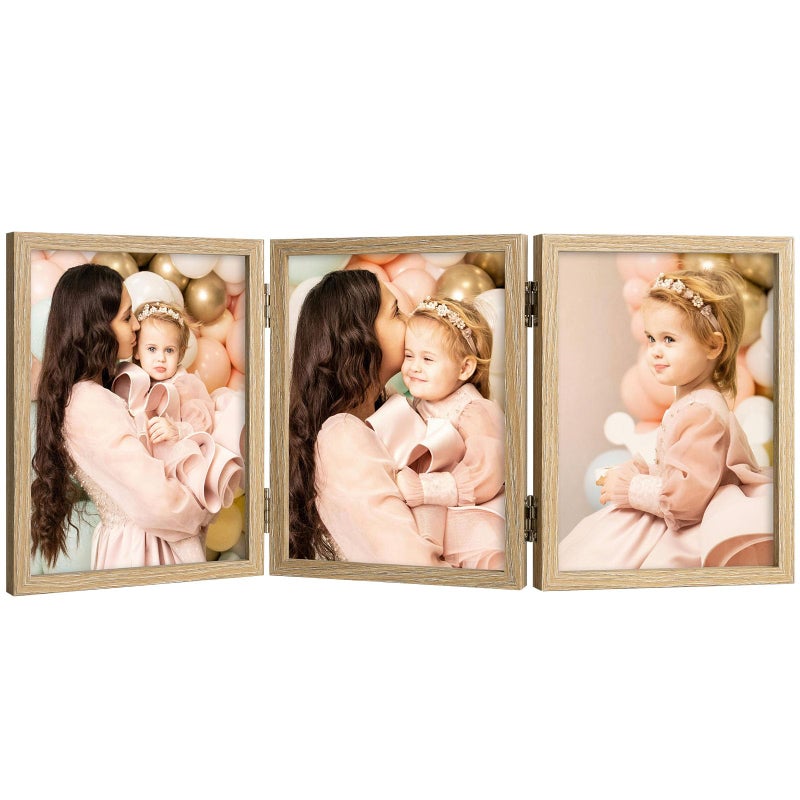 Space Art Deco 5x7 Triple Hinged Frames, 3 Folding Picture Frame, Triptych Photo Frame, Stand Vertically on Desktop or Tabletop, Wood Grain - Image 1